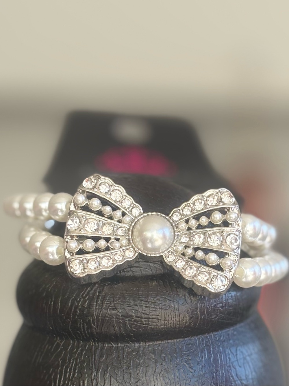 Silver-Tone Pearl & Crystal Bow Stretch Bracelet